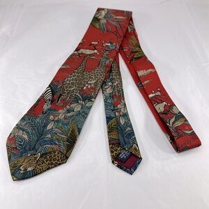 Lands’ End - African Safari Animals Red Multicolored Silk Mens Necktie ⭐️ EUC